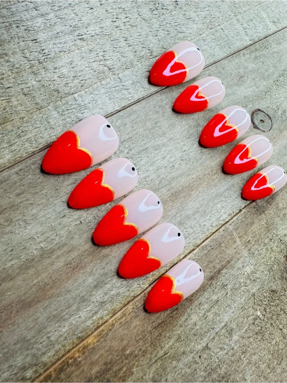Handmade Red Heart French Tip Press On Nails Size Large + Nail Kit NEW